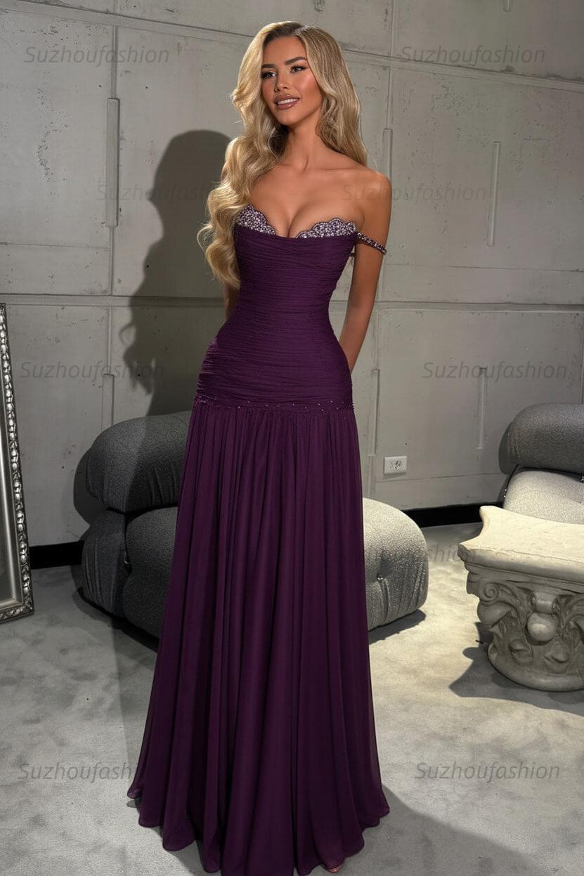 Off The Shoulder Prom Dress Sleeveless Pleated A Line Formal Evening Gown