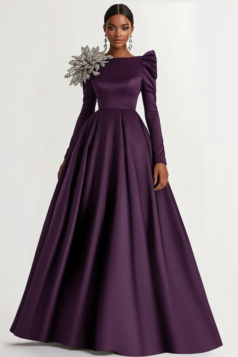 A-Line Long Black Wedding Guest Dress Satin Boat Neck Formal Dress With Long Sleeves