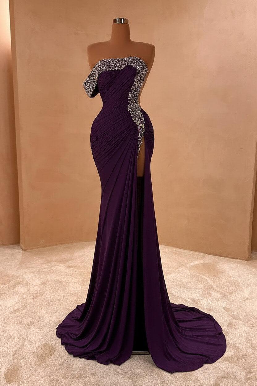 One Shoulder Sleeveless Long Split Evening Formal Dress With Pleated Sequined