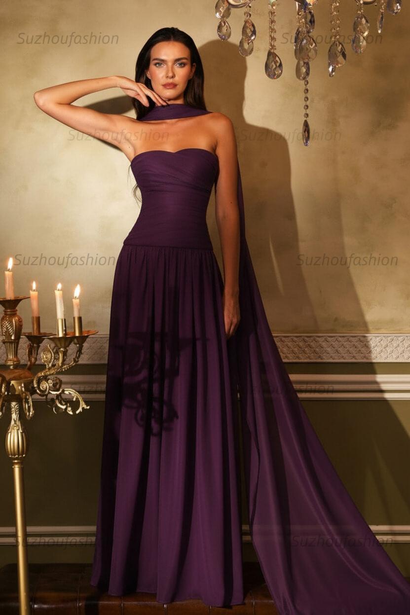 Chiffon Strapless Sleeveless Long Evening Formal Dress With Ruffled Pleated