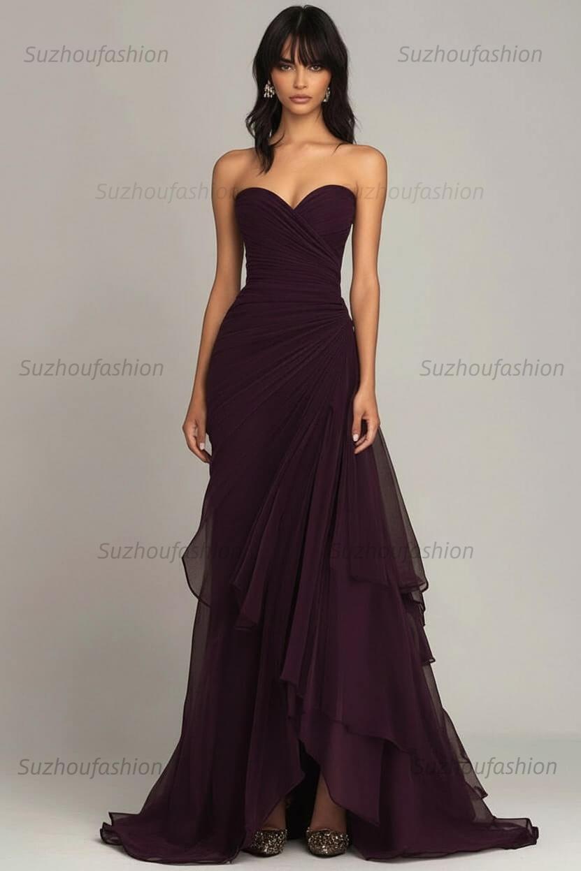 Elegant Sweetheart Ruched Dark Brown Long Formal Dress With Ruffles