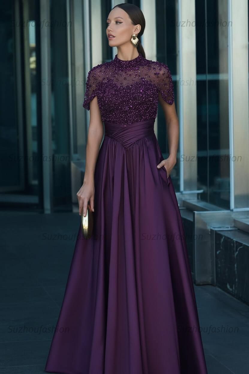 High Neck Short Sleeves Long Evening Formal Dress With Beading Pockets
