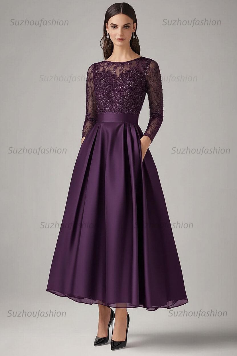 Navy Wedding Guest Dress Beaded A Line Long Sleeves Formal Dress With Lace