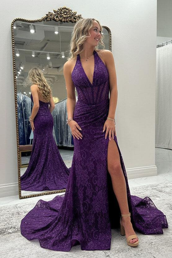 Halter Pink Prom Dress Long Lace Formal Dress With Slit