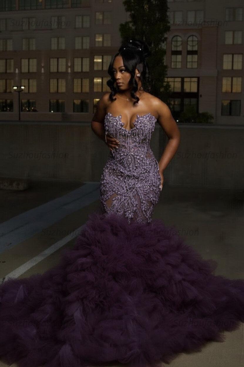 Mermaid Sweetheart Prom Dress Ruffled Sleeveless Formal Evening Gown with Rhinestones and Beadings