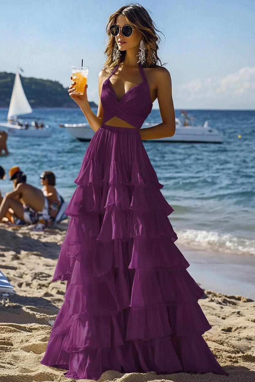 Halter Tiered White 2 Piece Ruffled Formal Dress