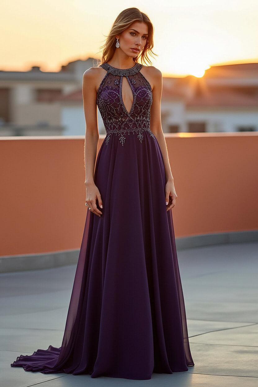 Beaded Navy Wedding Guest Dress Halter Long Formal Dress With Embroideries