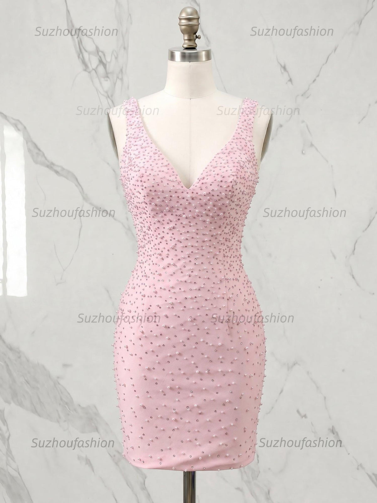 Suzhoufashion Deep V-Neck Allover Pearl Embellished Bodycon Homecoming Dresses Mini Cocktail Dress