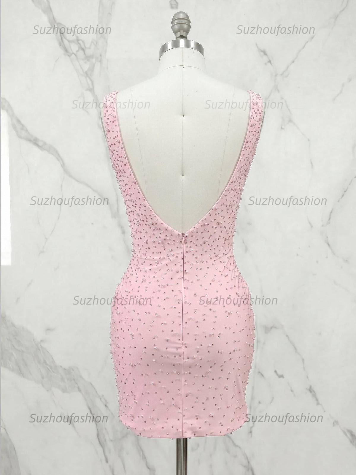 Suzhoufashion Deep V-Neck Allover Pearl Embellished Bodycon Homecoming Dresses Mini Cocktail Dress