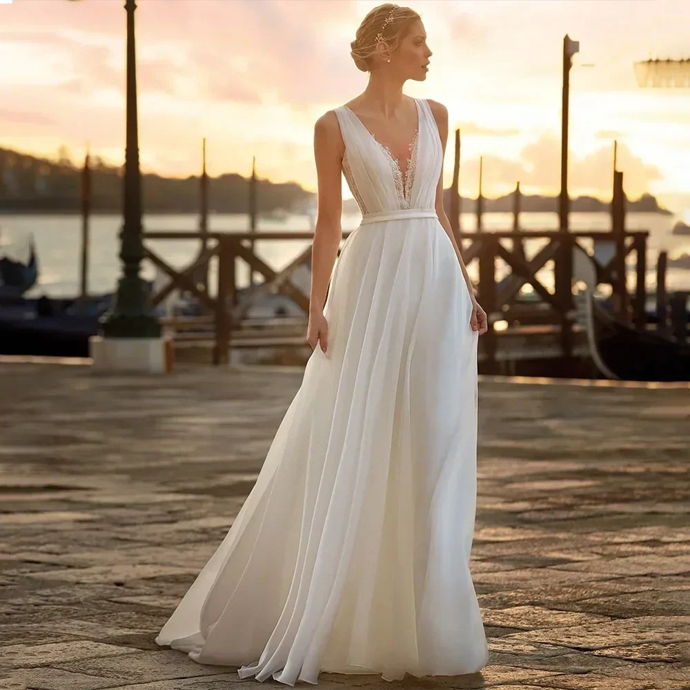 Deep V Neck Chiffon Beach Wedding Dress Elegant Illusion Back Lace Bridal Gowns White Evening Gowns Vestidos De Novia by payinti