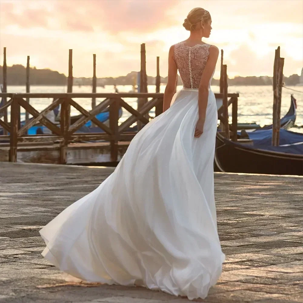 Deep V Neck Chiffon Beach Wedding Dress Elegant Illusion Back Lace Bridal Gowns White Evening Gowns Vestidos De Novia (ZD14090)