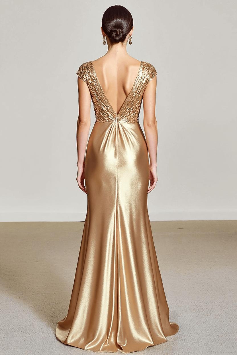 Deep V-Neck Gold Ruched Long Gala Dress
