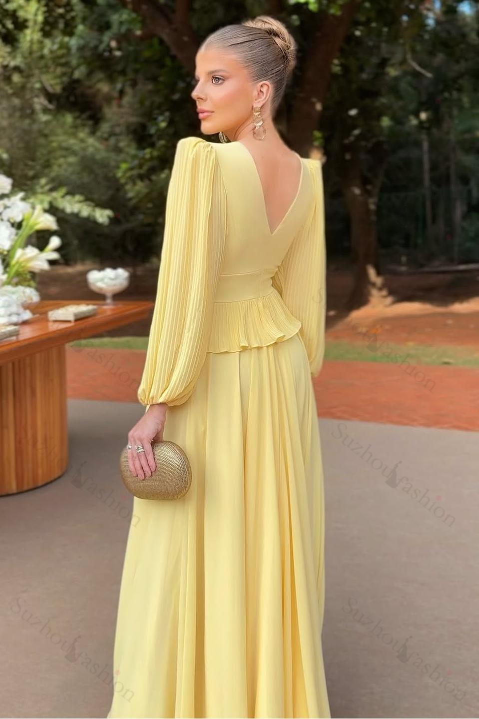 Deep V Neck Long Sleeves Long Evening Formal Dress With Ruffled Pleated