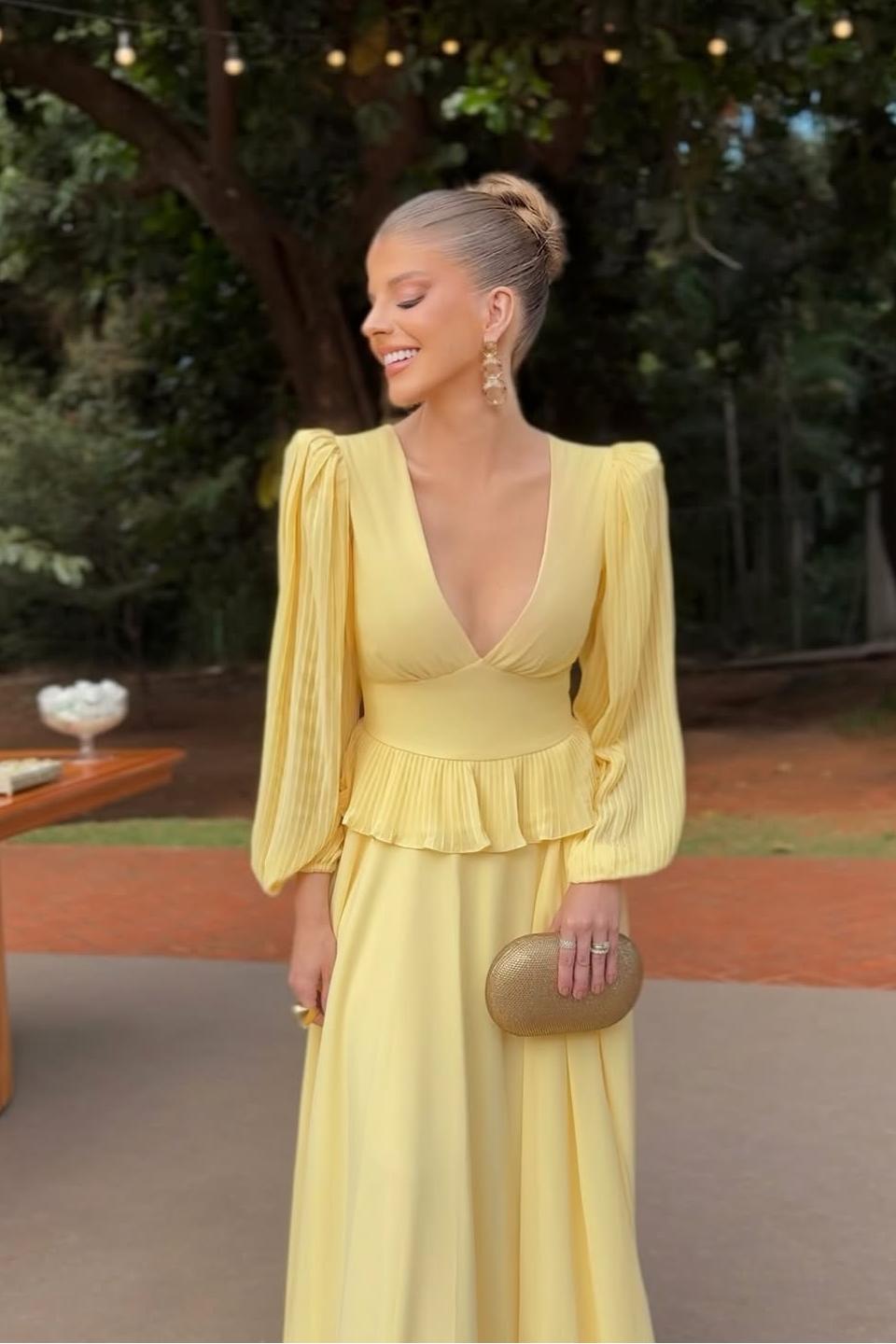 Deep V Neck Long Sleeves Long Evening Formal Dress With Ruffled Pleated