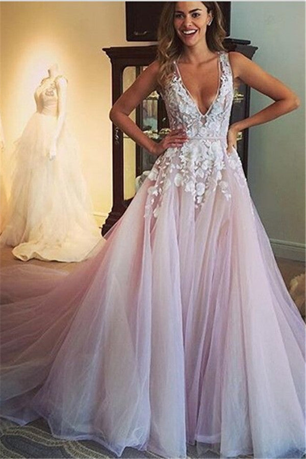 Deep V Neck Sexy Pink Wedding Dresses  Sleeveless Tulle Wedding Reception Dress with Flowers