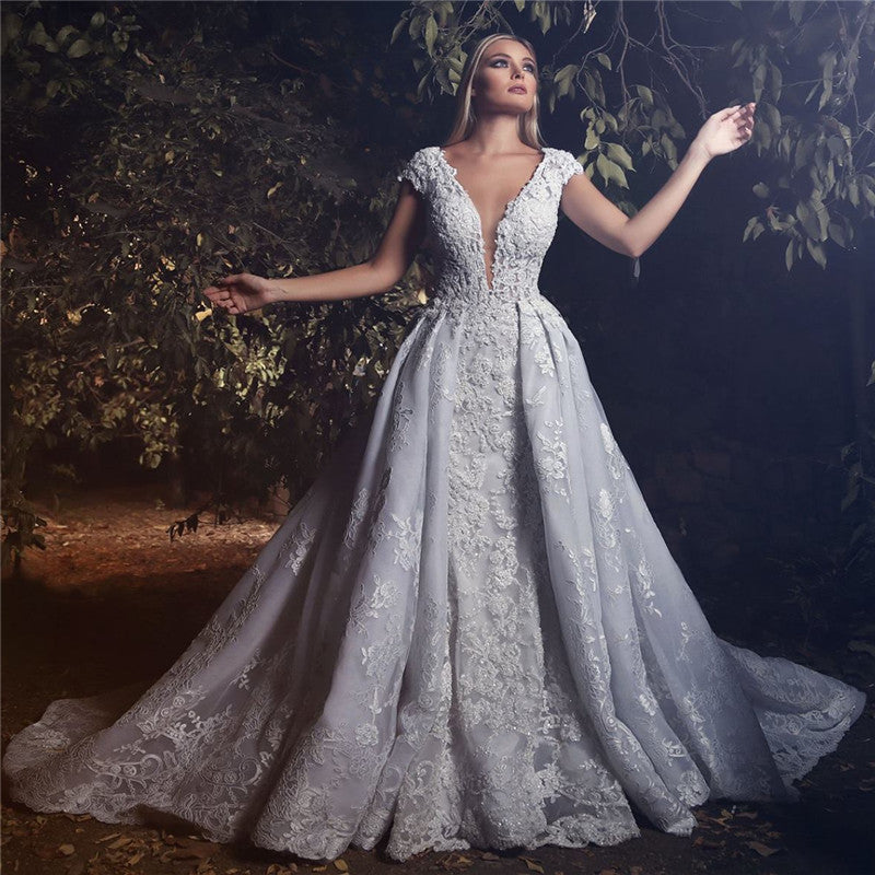 Deep V-neck Cap Sleeves 3D Lace Appliques Wedding Dresses  Luxury Overskirt Court Train Bridal Dress
