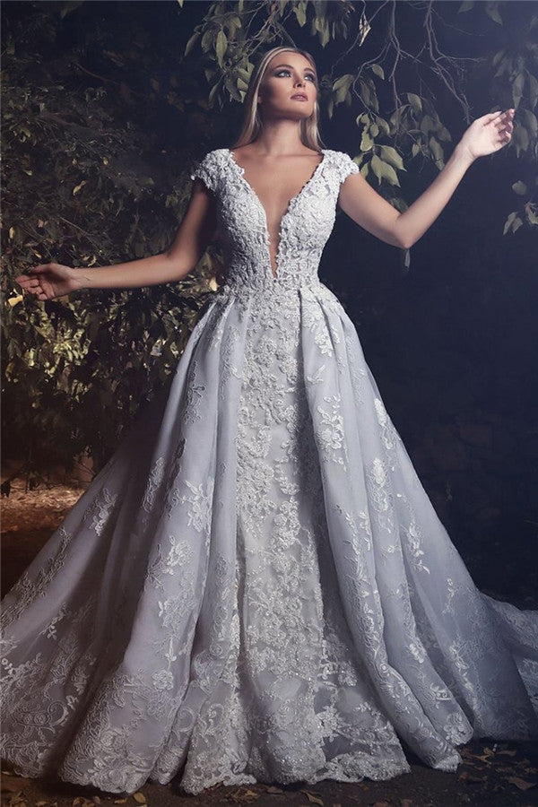 Deep V-neck Cap Sleeves 3D Lace Appliques Wedding Dresses  Luxury Overskirt Court Train Bridal Dress