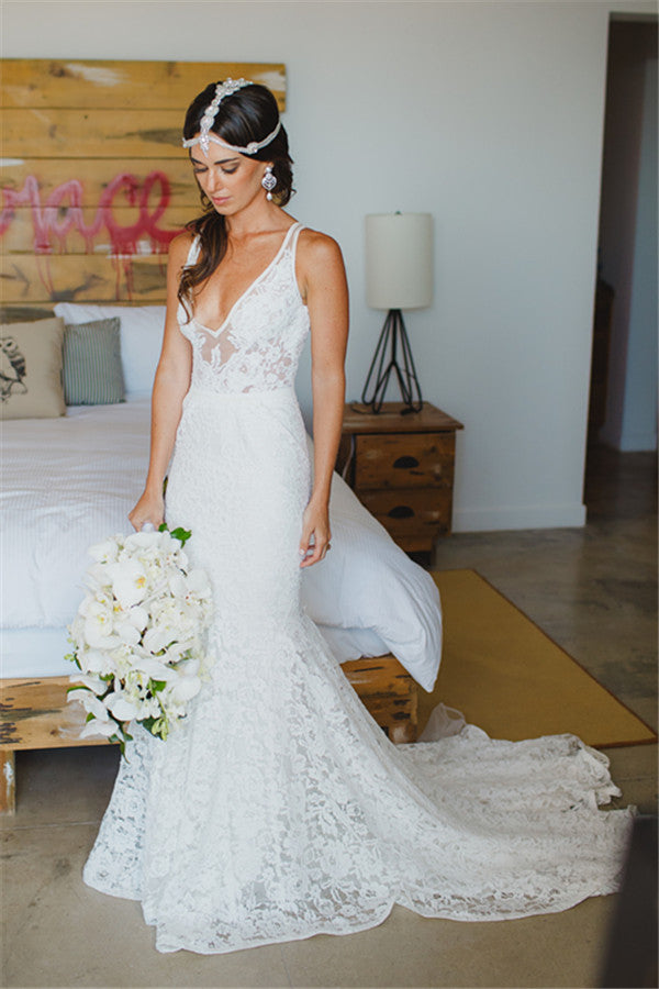 Deep V-neck Mermaid Lace Summer Beach Wedding Dress Bohemian Sleeveless Open Back Boho Beach Bridal Dresses