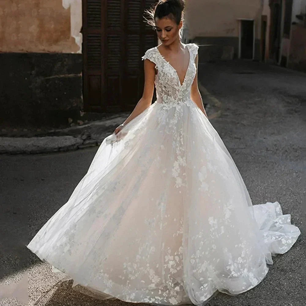 Deep V-neck Wedding Dresses Sexy Open Back Vestidos De Novia Cap Sleeve Appliques Vestido De Noiva (ZD14034)