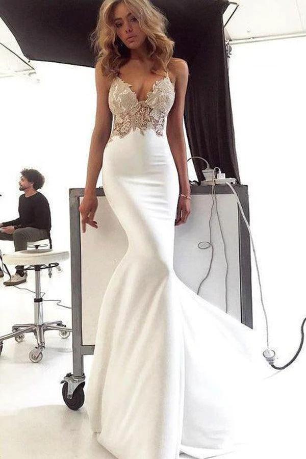 Deep V Neck Mermaid Spaghetti Straps Backless Wedding Dress (ZD16218)