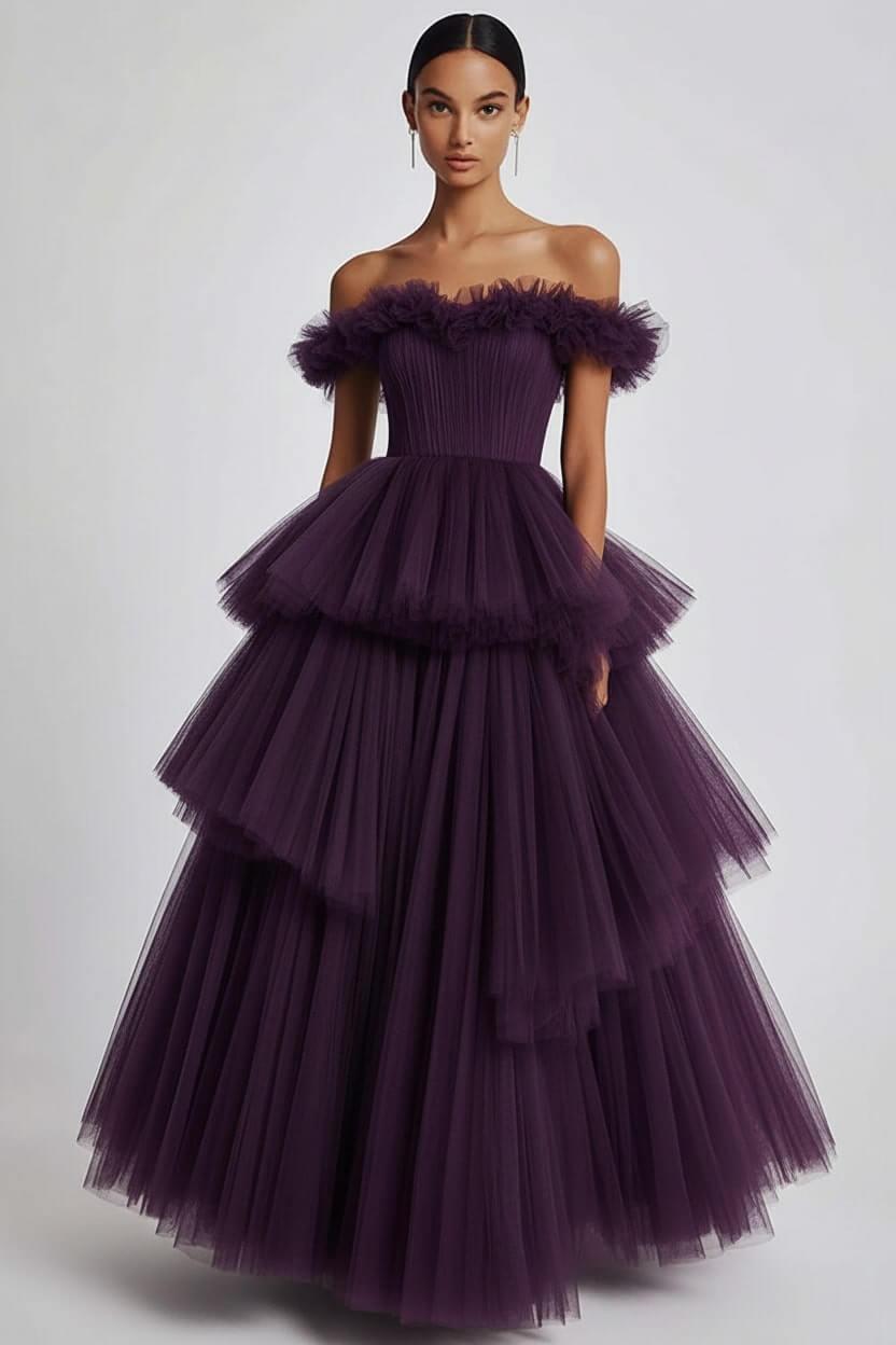 Dusty Sage Prom Dress Tulle Off The Shoulder Ball Gown Formal Dress With Ruffles