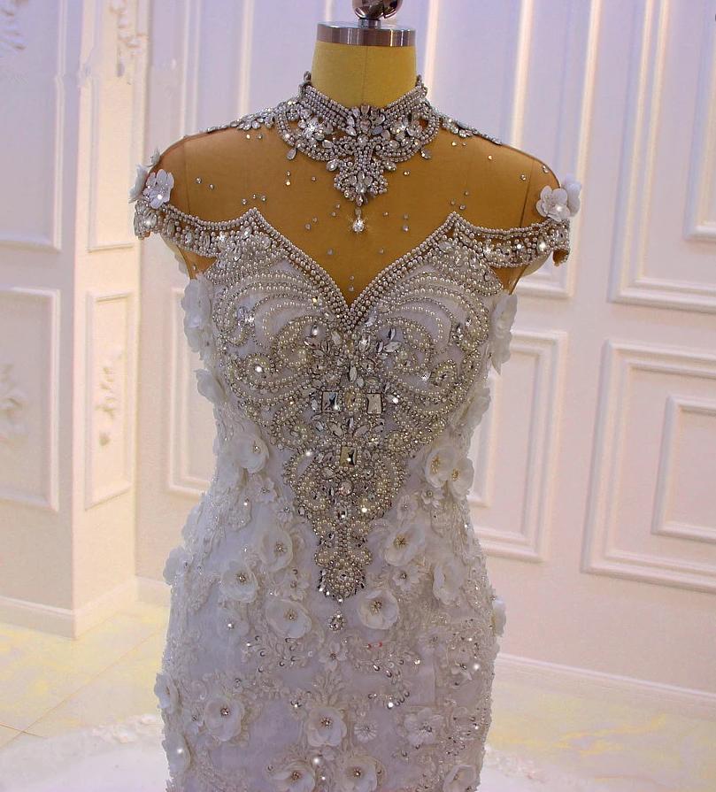 Delicate Beading Appliques Mermaid Bridal Gowns | Sheer Tulle Sparkling Wedding Dresses