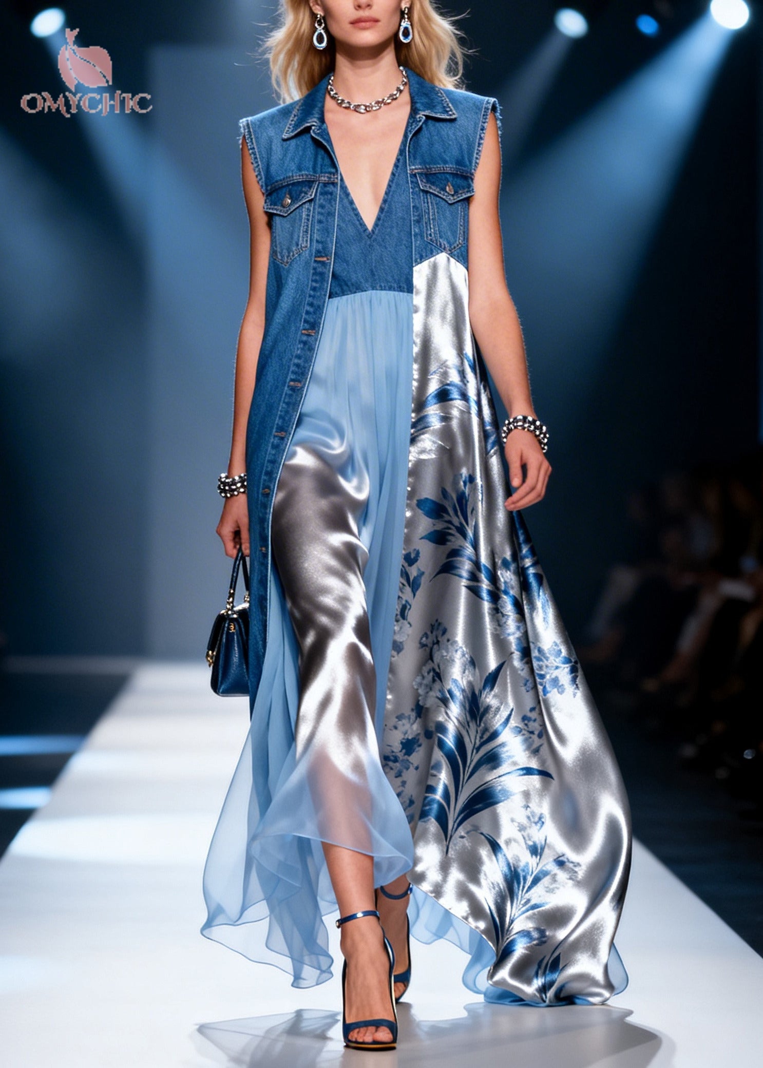 Denim Blue Patchwork Chiffon Dress Two Piece Set Asymmetrical Summer
