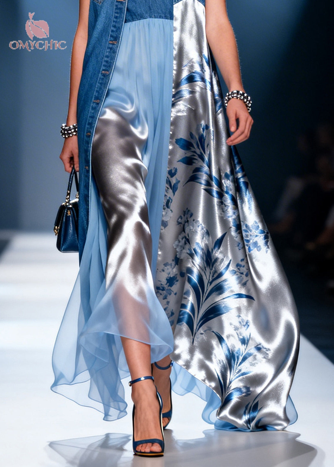 Denim Blue Patchwork Chiffon Dress Two Piece Set Asymmetrical Summer