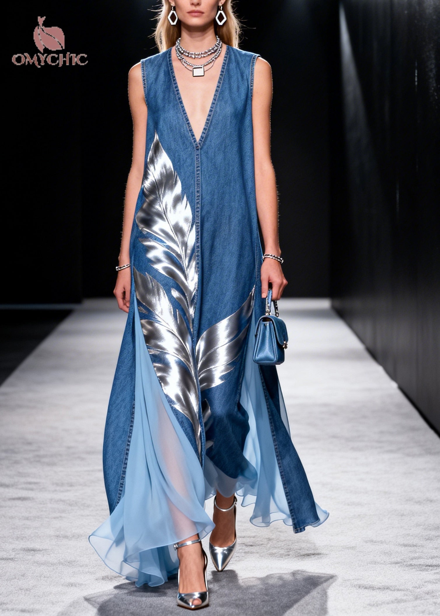 Denim Blue Patchwork Tulle Holiday Dress Oversized Print Summer