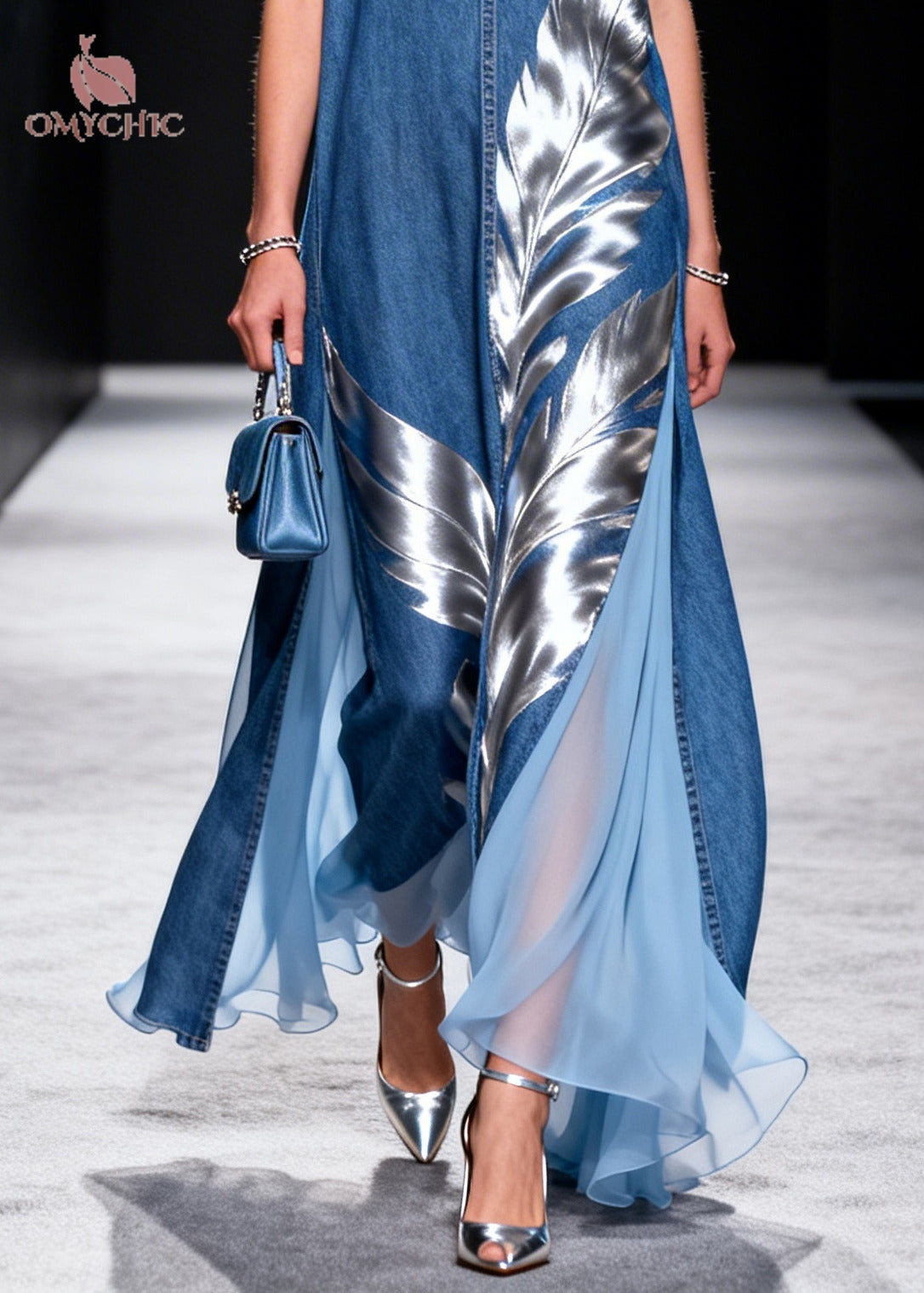 Denim Blue Patchwork Tulle Holiday Dress Oversized Print Summer