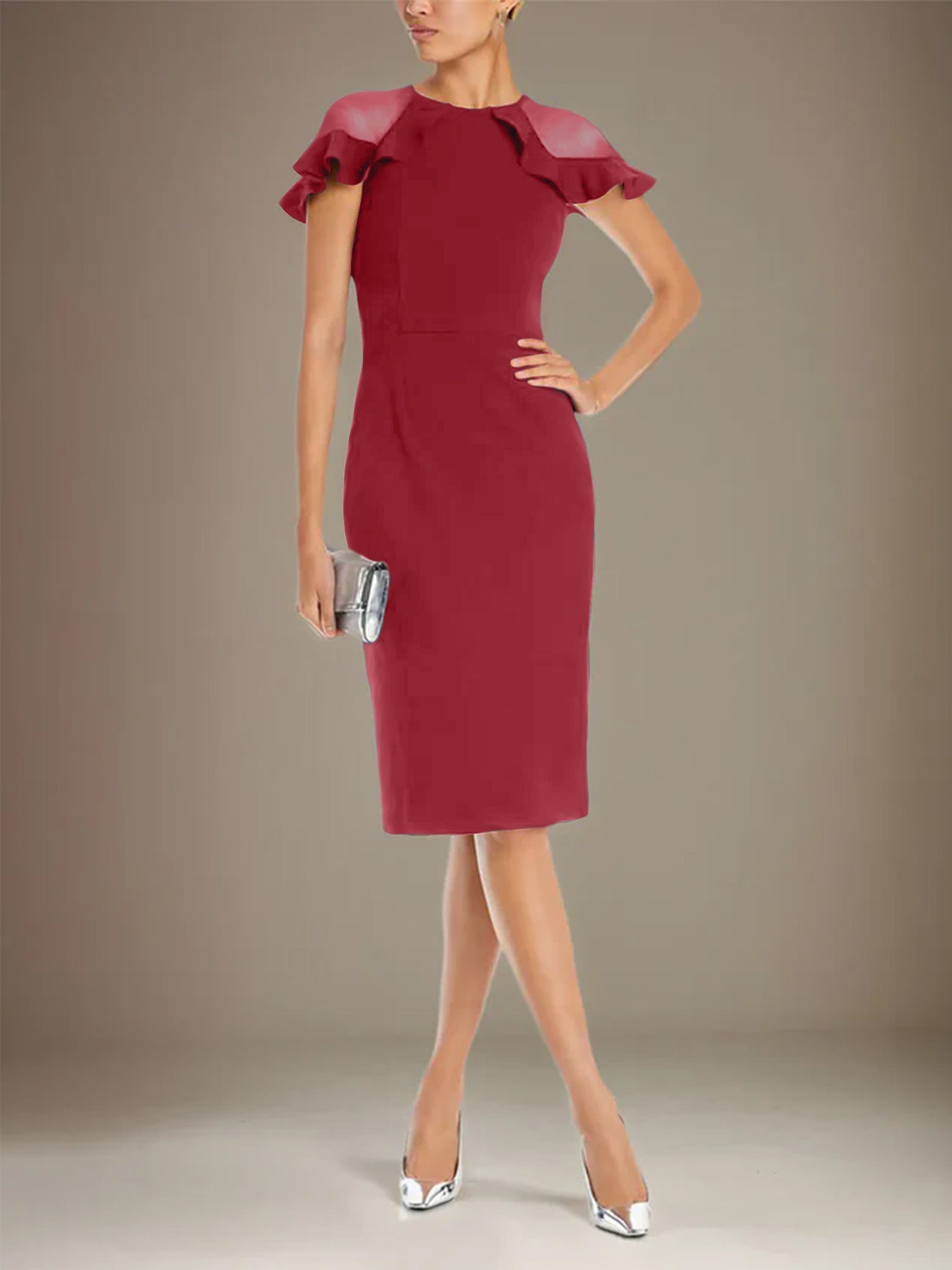 Sheath/Column Stretch Crepe Scoop Short Sleeves Knee Length Dress