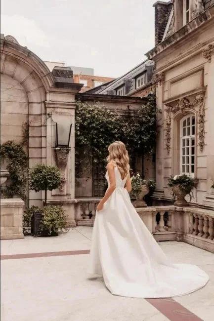 Designer Long A-Line V-neck Simple Satin Sleeveless Wedding Dress With Slit (ZD15642)
