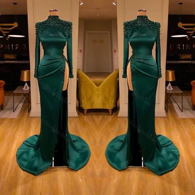 Designer Long Dark Green High Neck Long Sleeves Beading Prom Dress Split Long