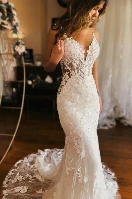 Designer Long Mermaid Spaghetti Straps V-neck Backless Wedding Dress (ZD15600)