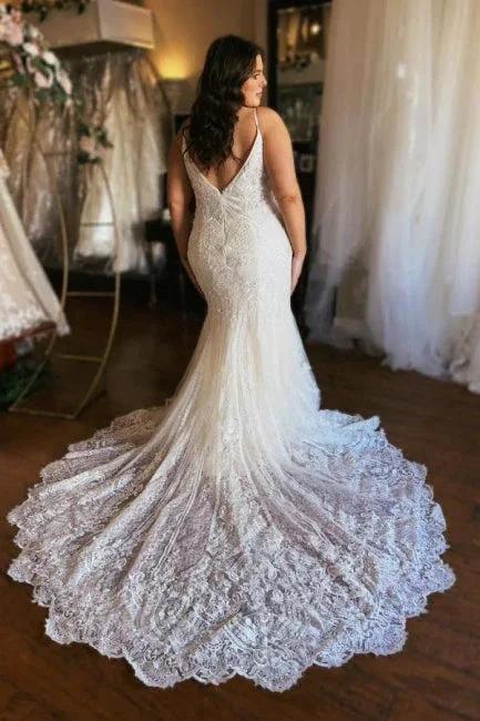 Designer Long Mermaid Spaghetti Straps Zippered Wedding Dresses Lace (ZD15602)