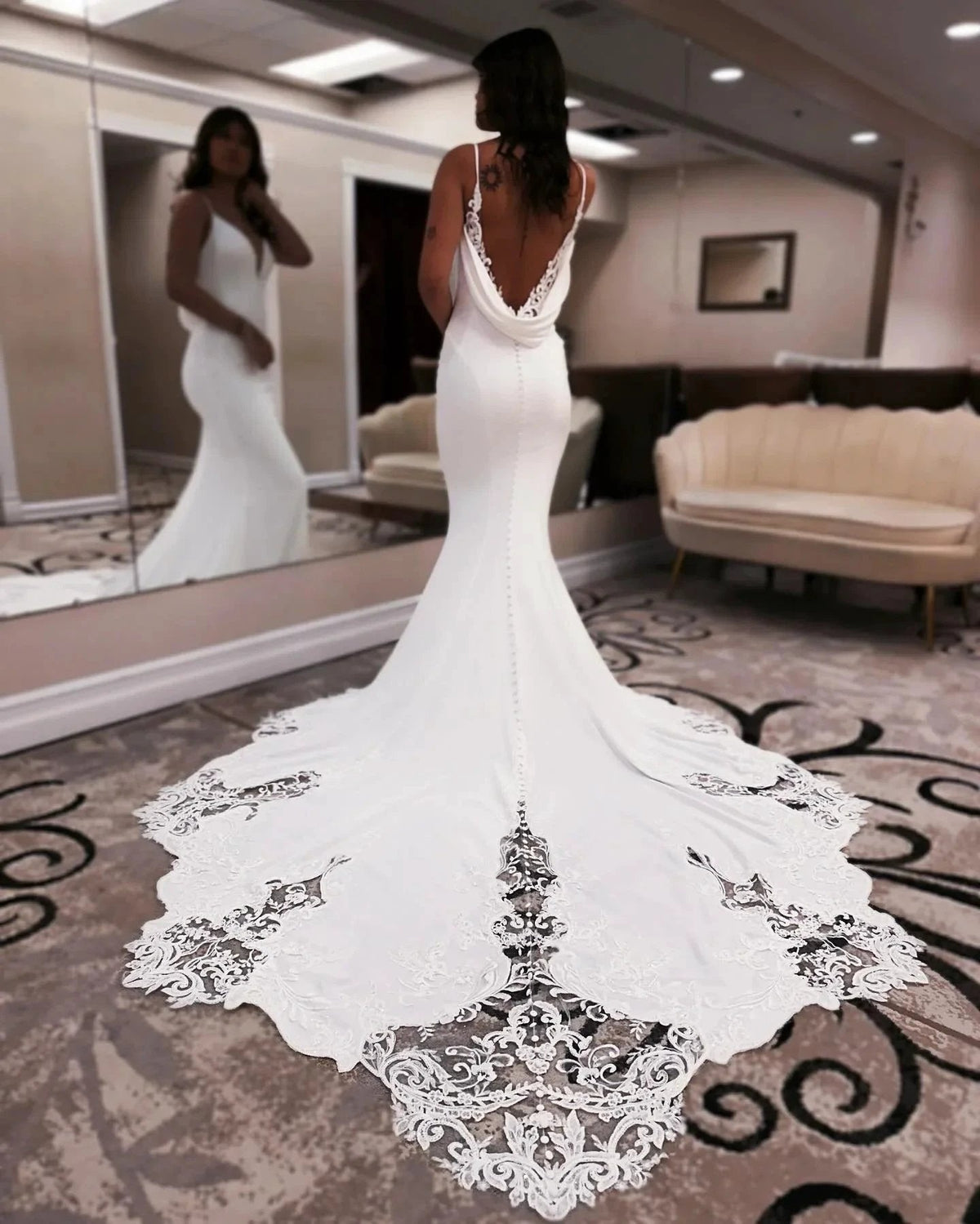 Designer Mermaid Spaghetti Straps Sleeveless Appliques Satin Lace Openback Train Wedding Dresses (ZD15556)