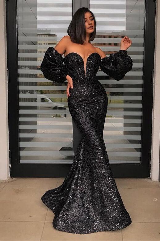 Detachable Sleeves Black Prom Dress Strapless Sweetheart Sequined Evening Formal Dress Mermaid