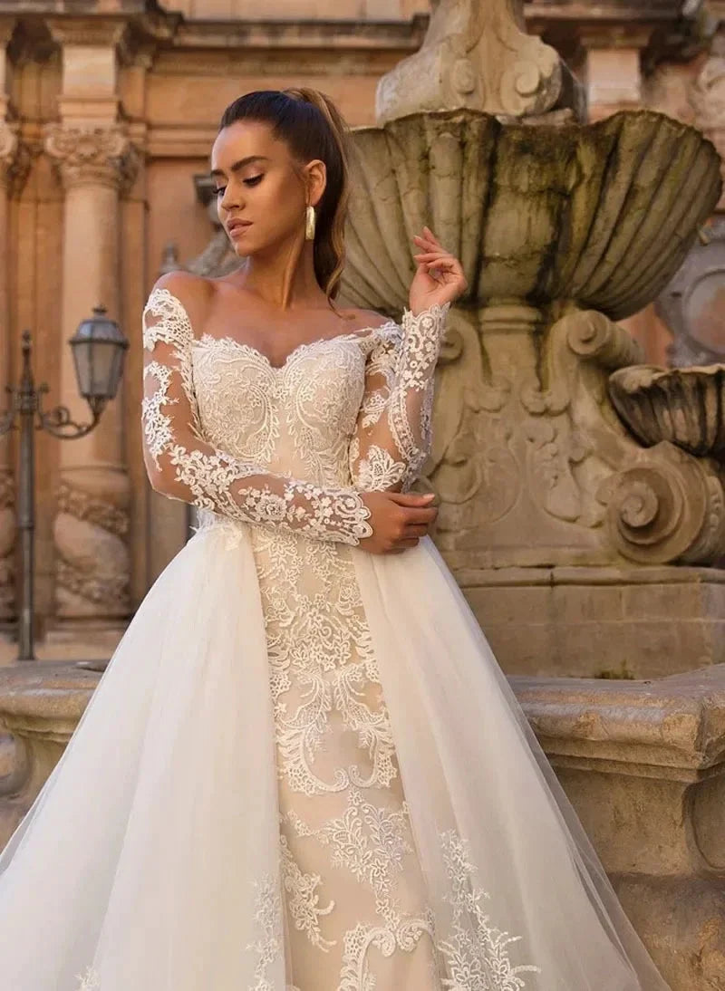 Detachable Train Mermaid Long Sleeves Wedding Dresses Lace Robe De Mariée Vestido De Noiva (ZD14025)