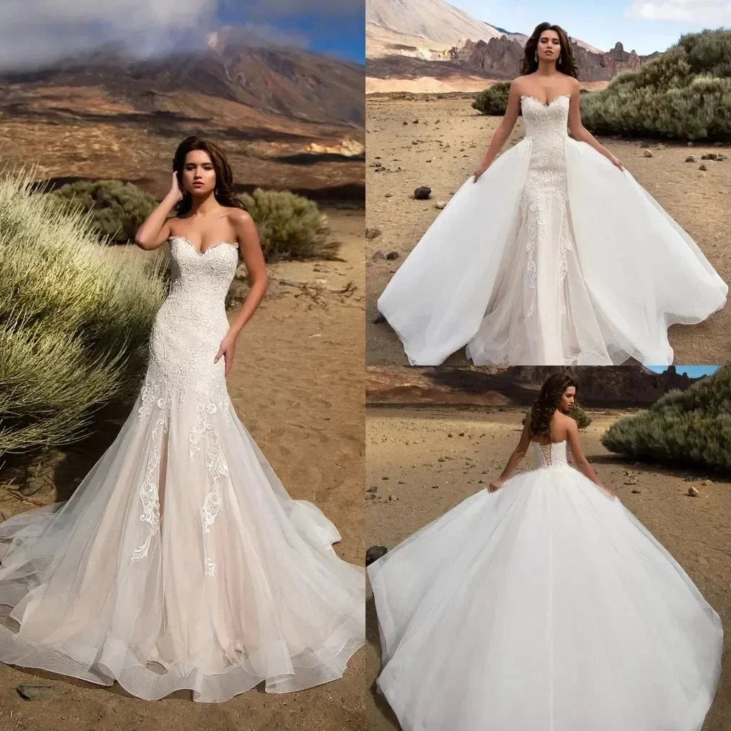 Detachable Train Mermaid Vestidos De Novia Appliques Vestido De Noiva Sweetheart Lace Up Wedding Dresses Lace Robe De Mari�e (ZD14060) - VelvetHem