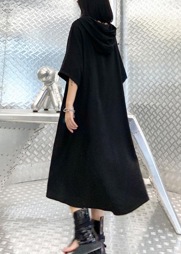 Diy Black Print Low High Design Hooded Ankle Dress Summer