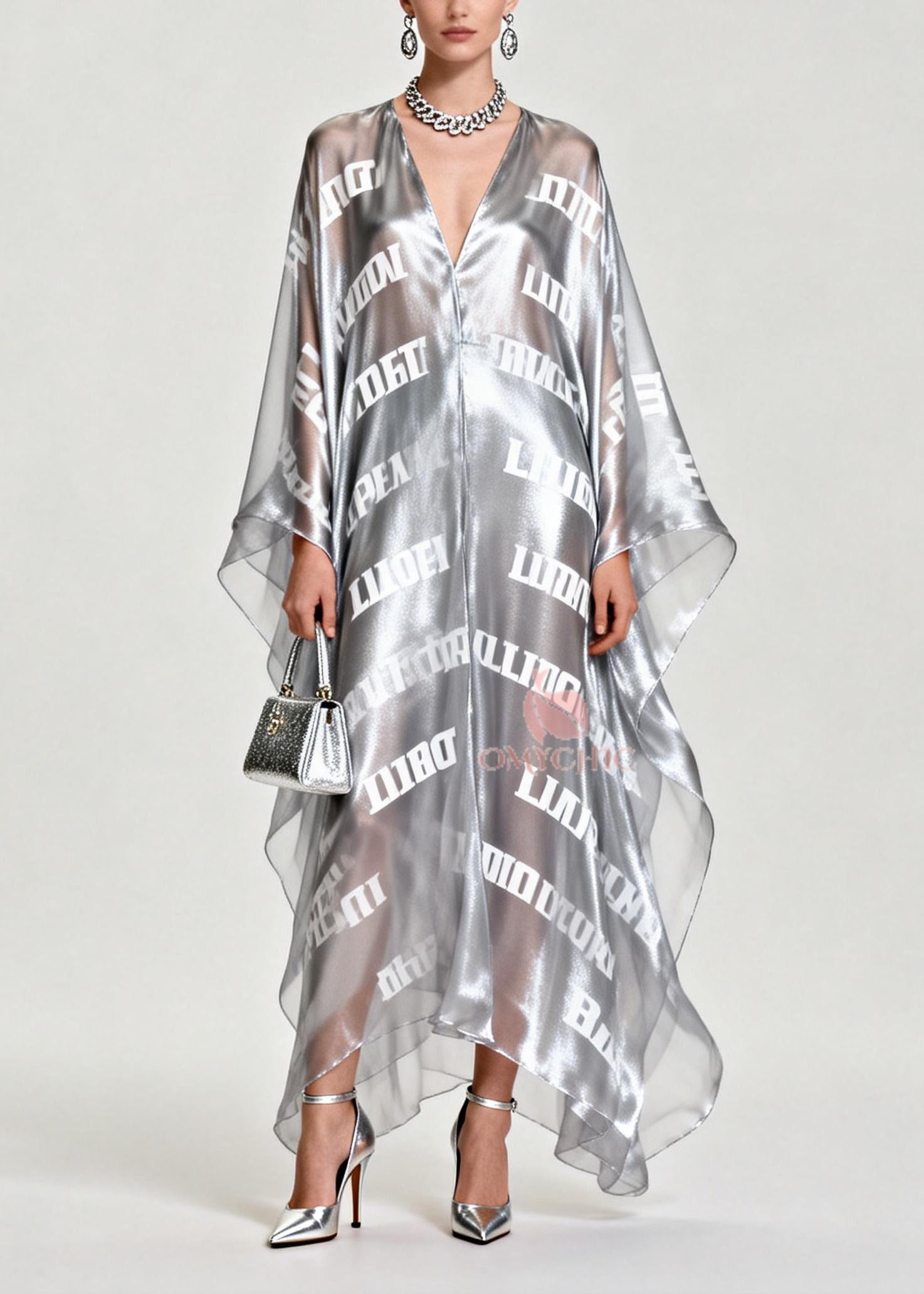 Diy Silvery Oversized Letter Print Chiffon Maxi Dress Summer