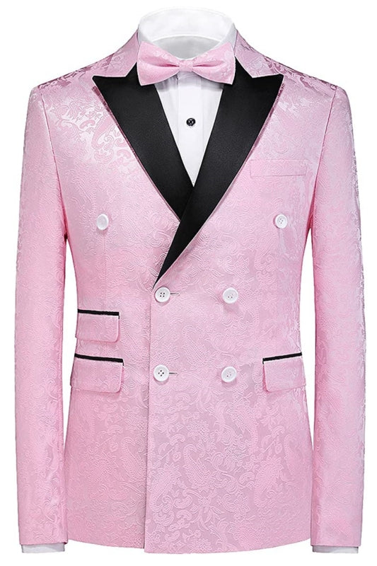 Double Breasted Pink Jacquard 3 Piece New Arrival Prom Suit