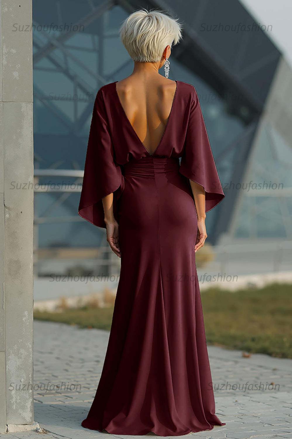 Navy Satin Mermaid Backless Long Mother Of The Bride Dress With Pockets