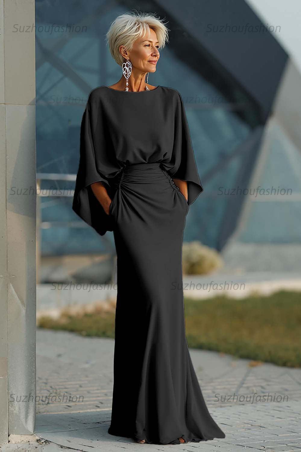 Navy Satin Mermaid Backless Long Mother Of The Bride Dress With Pockets