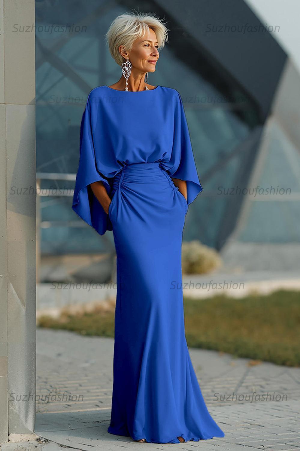 Navy Satin Mermaid Backless Long Mother Of The Bride Dress With Pockets