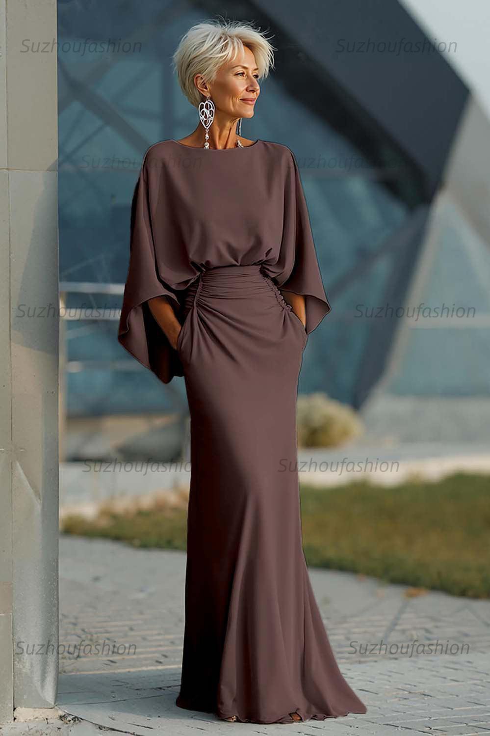 Navy Satin Mermaid Backless Long Mother Of The Bride Dress With Pockets