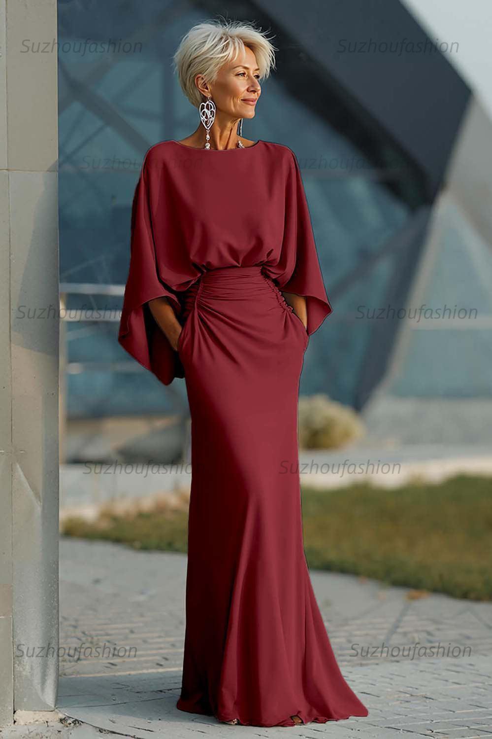 Navy Satin Mermaid Backless Long Mother Of The Bride Dress With Pockets