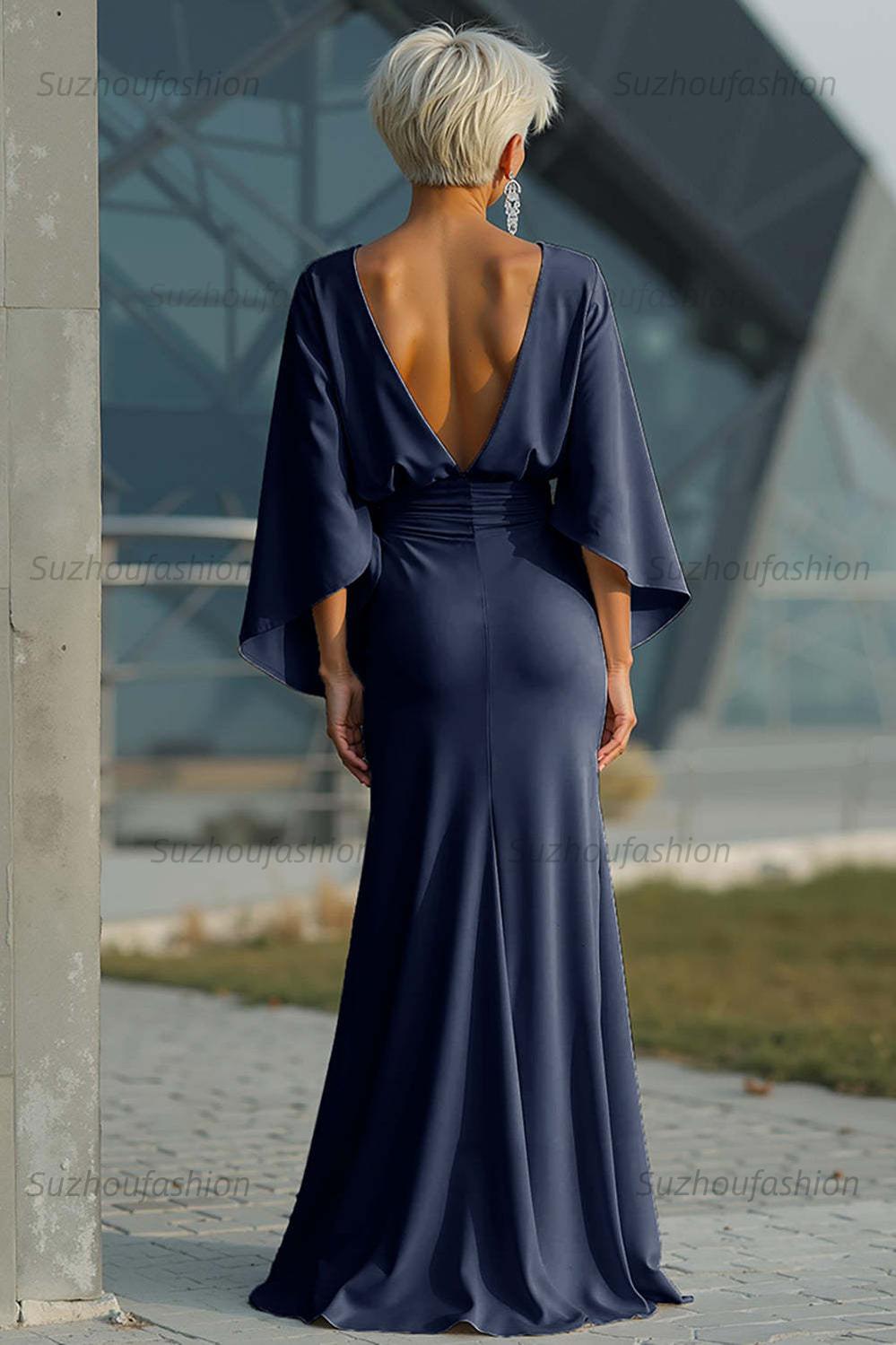 Navy Satin Mermaid Backless Long Mother Of The Bride Dress With Pockets