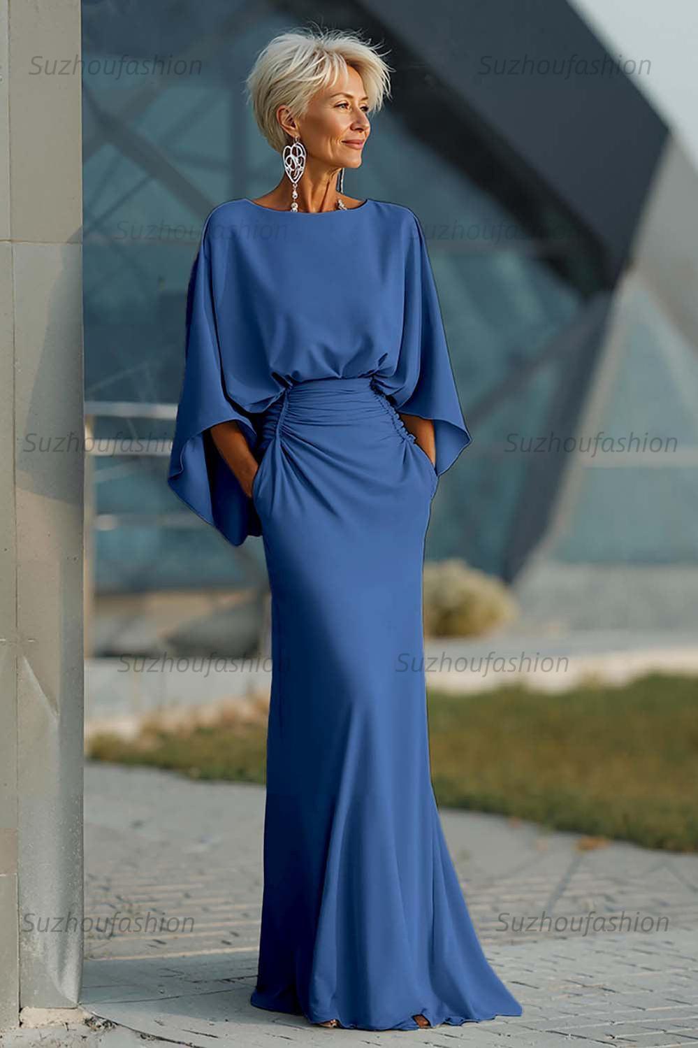Navy Satin Mermaid Backless Long Mother Of The Bride Dress With Pockets