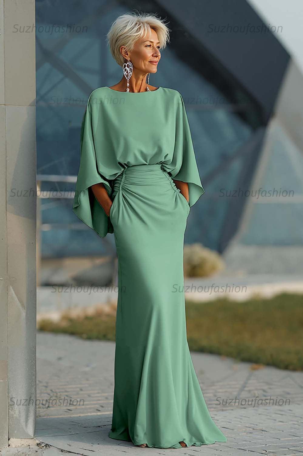 Navy Satin Mermaid Backless Long Mother Of The Bride Dress With Pockets